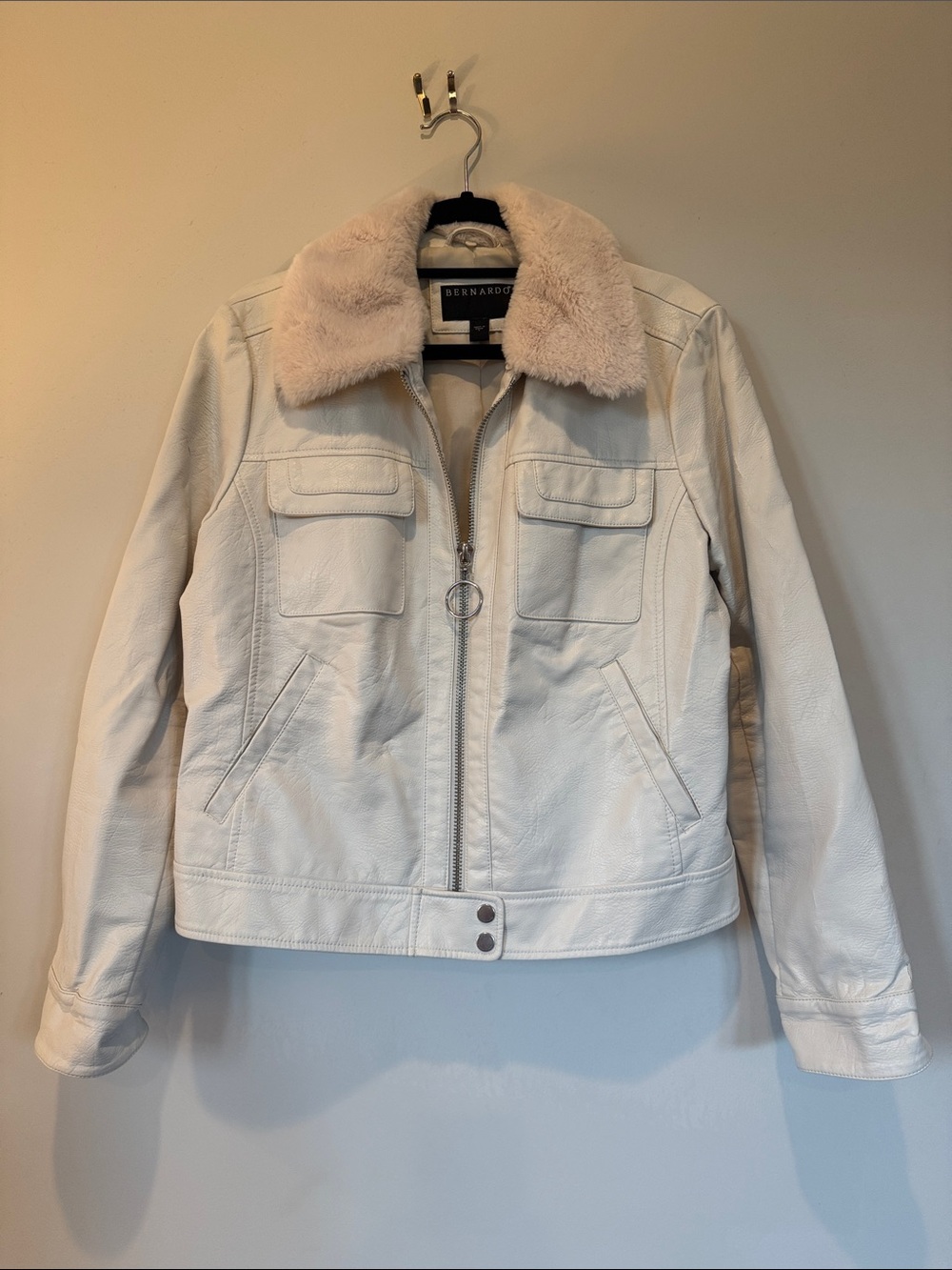 Bernardo Cream Faux Leather Bomber Jacket with Removable Faux Fur Collar